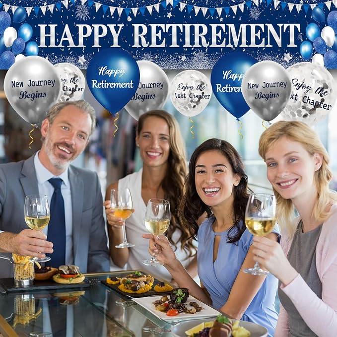 GOLDCROW Retirement Party Decorations Blue Silver Happy Retirement Banner - Image 4