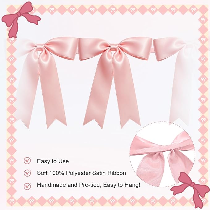 2 Strings of 16PCS Pink Bow Garland Banner Decoration, Pre-Strung Satin Ribbon - Image 3