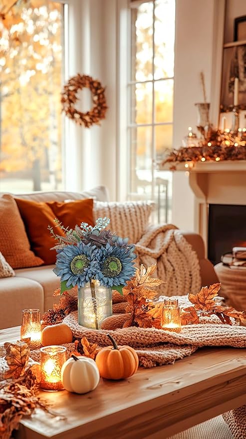 Silk Sunflowers Artificial Flowers with Mason Jar Centerpiece for Table Blue Fall Flowers in Vase Small Fall Floral Arrangement with Vase Thanksgiving Centerpiece for Dining Room Table Autumn Decor