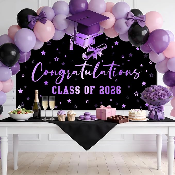 Congratulations Class of 2026 Backdrop Black Purple Graduation Banner Congrats - Image 3