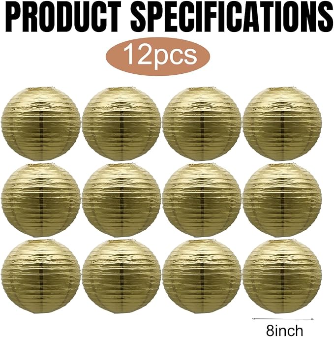 Gold Paper Lanterns Chinese Japanese Hanging Round Ceiling Lanterns 8 in | - Image 2