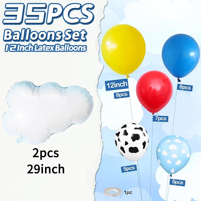 Red Yellow Blue Balloons, 12 Inch Light Blue Cloud Cow Print Latex Balloons - Image 2