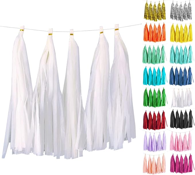 White Tassel Garland 20 Pcs, Tissue Paper Tassels Garland Banner by ODDODDY