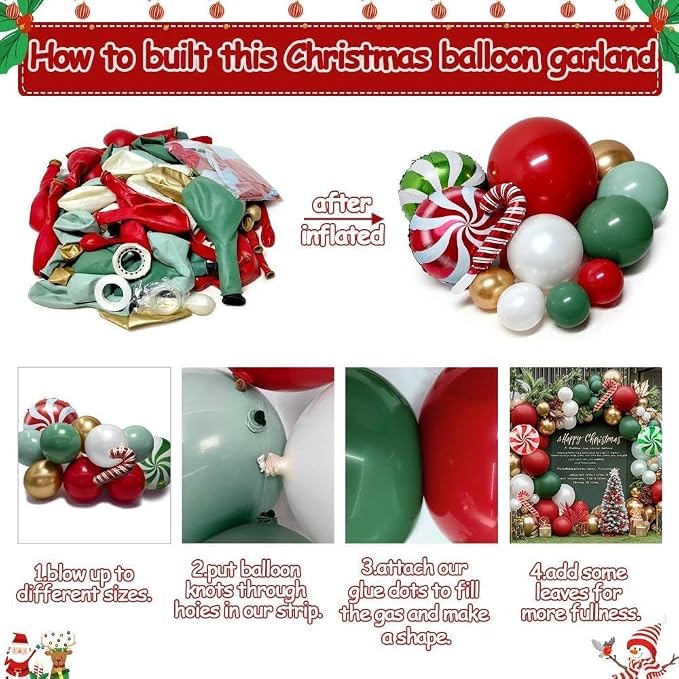 Christmas Balloon Arch Kit, Double Stuffed Red Green White Pearl Balloon - Image 4