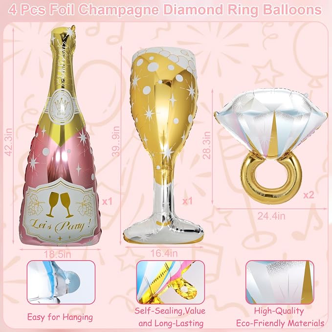 4 Pcs Bachelorette Balloons, Huge Rose Gold Champagne Bottle Diamond Ring - Image 6