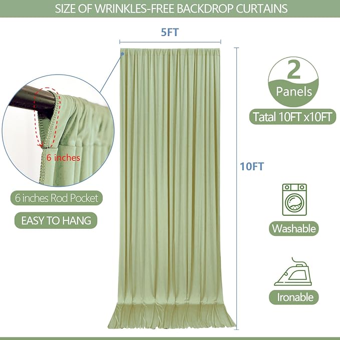 ESGOTBME 10x10ft Wrinkle Free Sage Green Backdrop Curtain - Image 3