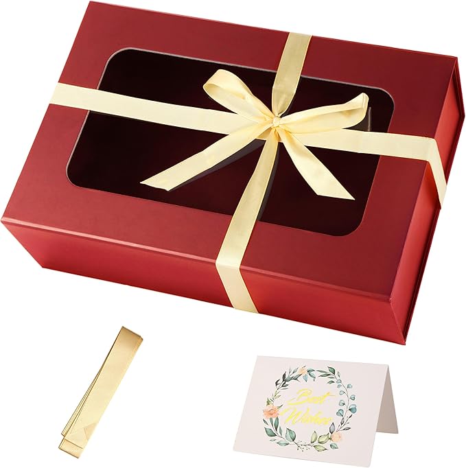 TIACABO Red Large Gift Box with Window, 13.5"x9"x4.3" Bridesmaid Boxe for Gifts Giving,Birthday Gift Boxes with Magnetic,Closure Lid Gifts Box for Presents,Cute Boxe,Luxury for Gift Packaging