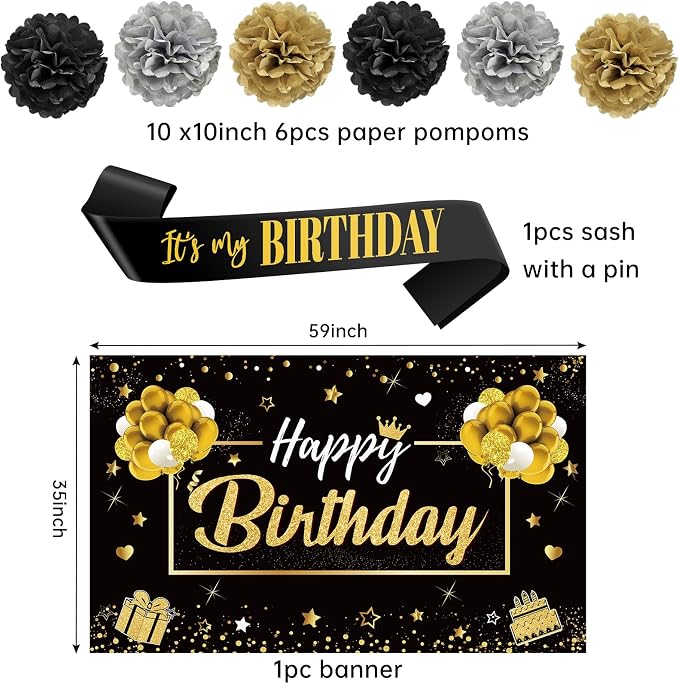 Zirtorei 20Pcs Black Gold Birthday Party Decorations Kit - Image 3