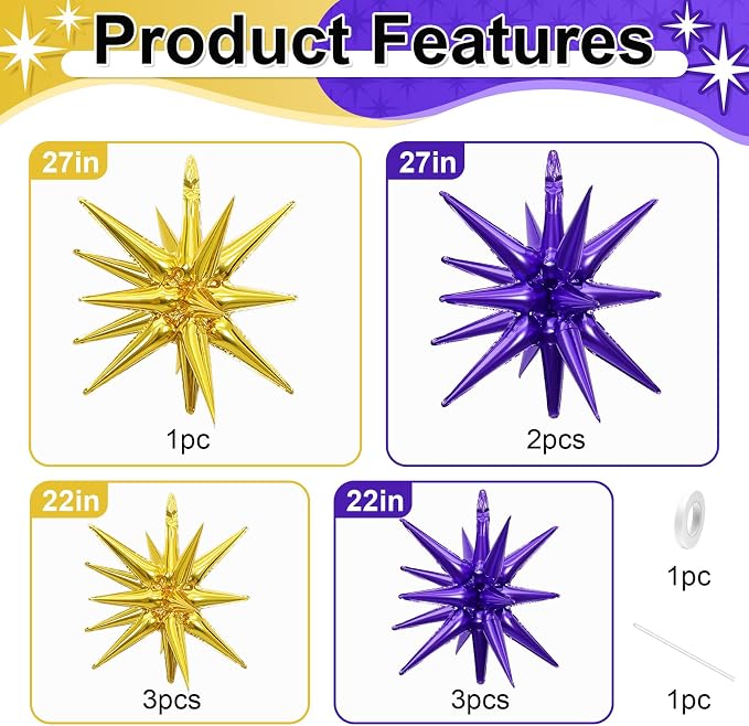 9Pcs Purple and Gold Star Balloons, Large Explosion Foil Balloons, Metallic - Image 2