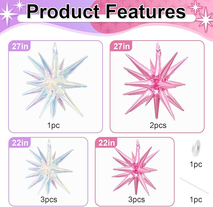 9Pcs Light Pink and Iridescent Star Balloons, Large Explosion Foil Balloons - Image 2