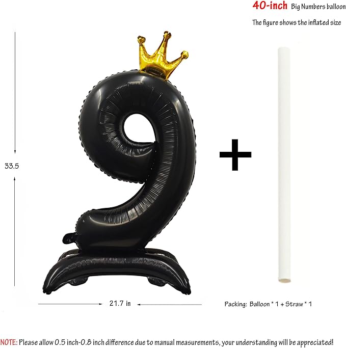 Black Crown Number 9 Balloon Standing Black Princess Digital 9 Foil Balloon | - Image 2