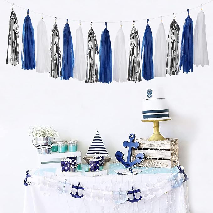 Navy-Blue White-Silver Tassel Garland Streamers - Image 5