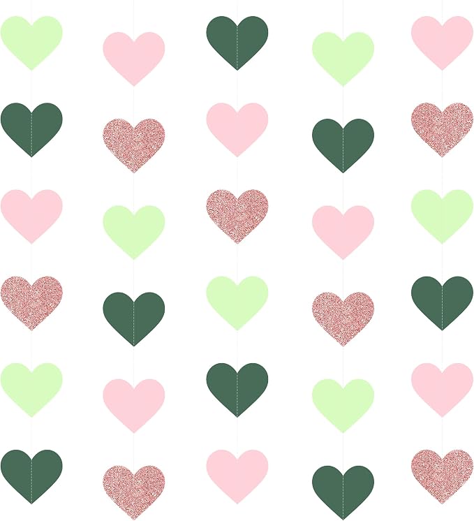 5PCS Sage Green Heart Garland, 72ft Sage Green Pink Heart Ceiling Decorations by UNIIDECO