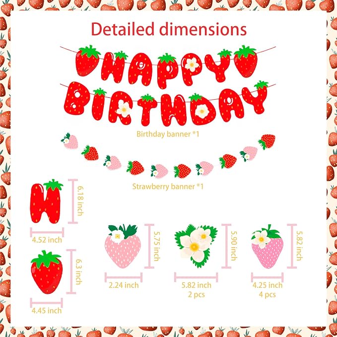 MEETINGU Strawberry Happy Birthday Banner, Strawberry Set Strawberry Themed - Image 2