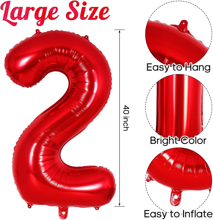 Red Number 2 Balloon 40 Inch, Big Large Foil Helium Number Balloons, Jumbo - Image 3