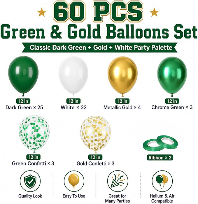 Green Gold Balloons 60PCS Metallic Gold Green - Image 2