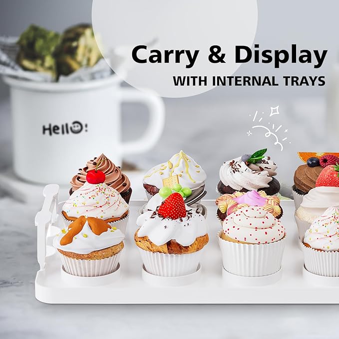 Two Tier Cupcake Carrier, White Stackable Cupcake Holder Carries for 24 Standard-Size Cupcakes, Reusable Detachable Cupcake Box