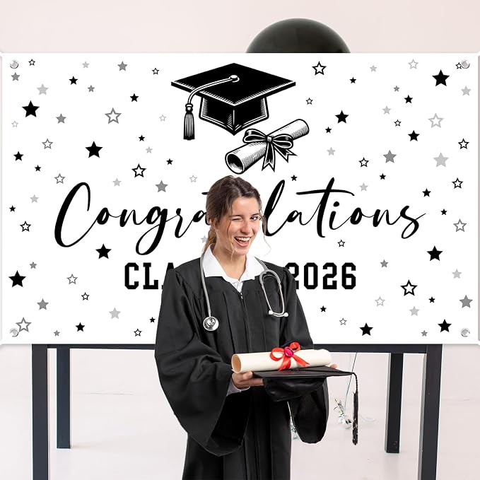 Congratulations Class of 2026 Backdrop Black White Graduation Banner Congrats - Image 3
