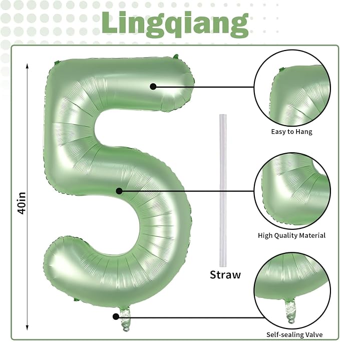 Sage Green 5 Balloons, Self Inflating Digit 5 Balloons - Image 2