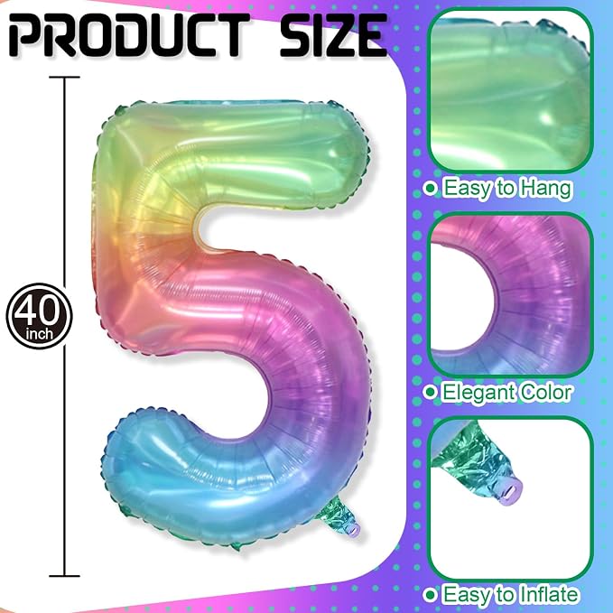 Big Number 5 Balloons, Rainbow Foil 5 Balloon Numbers 40 Inch, Giant 5th - Image 2