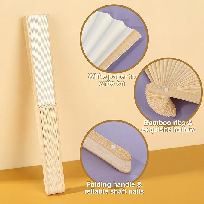 Qunclay 60 Pcs White Paper Hand Fans Bulk Bamboo Folding Handheld Wedding Fans - Image 3