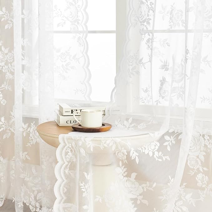 SEEKRIGHT White Lace Curtains 63 Inch Length 2 Panels Set Victorian Floral - Image 4