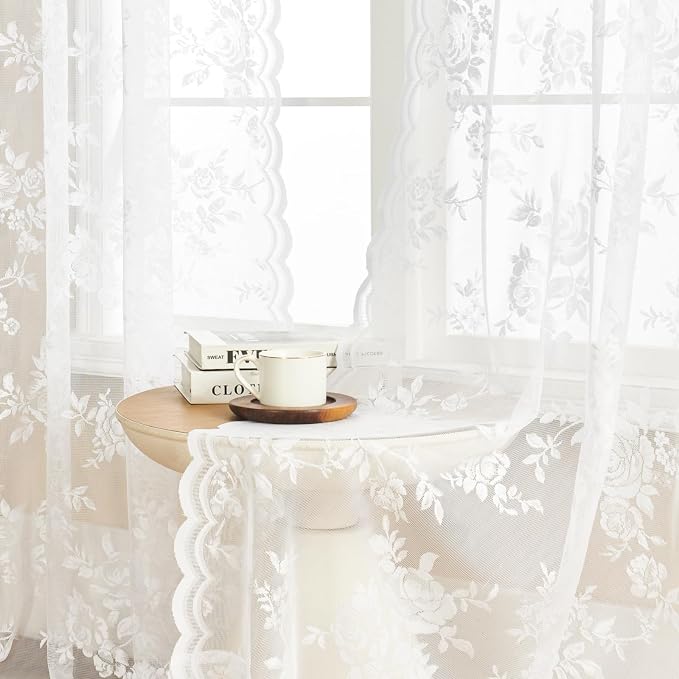 SEEKRIGHT White Lace Curtains 90 Inches Long 2 Panels Victorian Floral Sheer - Image 2