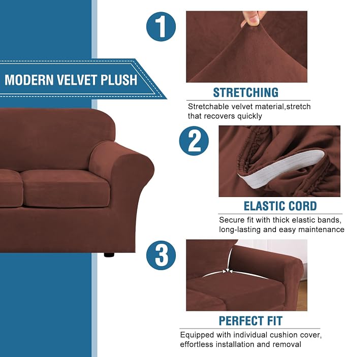 H.VERSAILTEX Modern Velvet Plush 4 Piece High Stretch Sofa Slipcover Furniture - Image 3