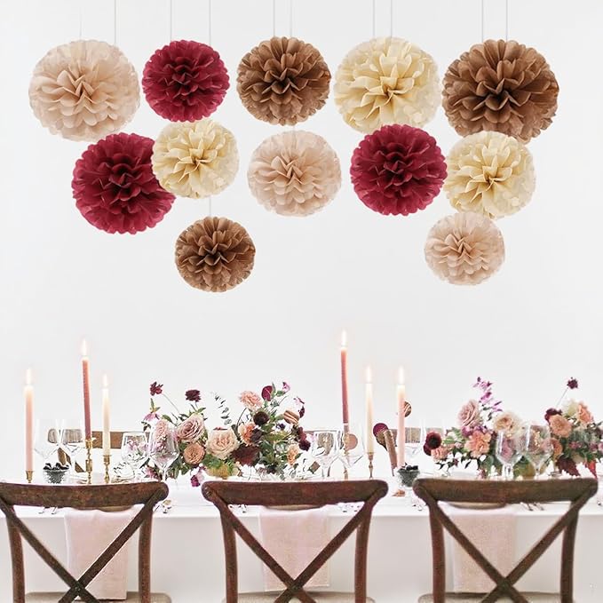 Capesaro Burgundy Beige 12PCS Paper Pom Poms Party Decorations - Image 2