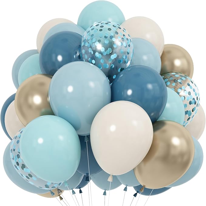 60 Pack Dusty Blue Gold Balloons, Slate Blue White Sand Teal Turquoise Crem by Jobkoo