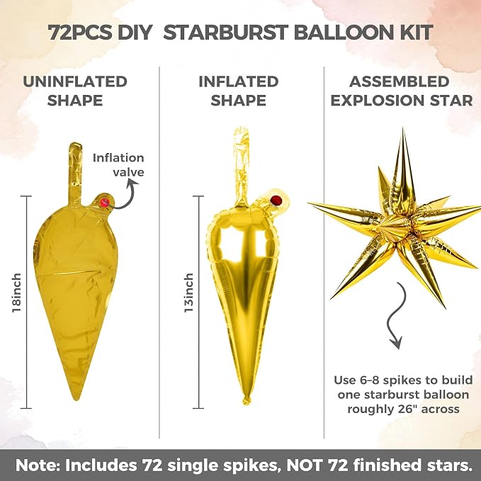 LovesTown 72PCS Gold Starburst Balloons, Foil Balloons Magic Star Spike Designs - Image 3