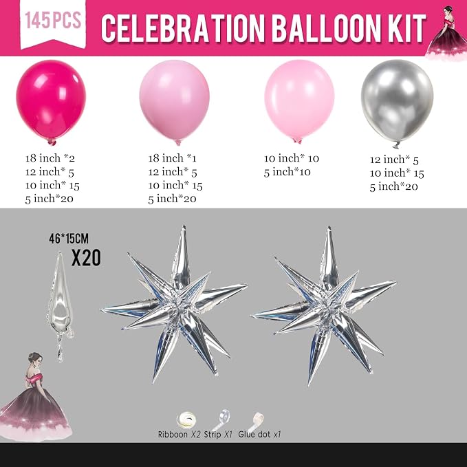 Hot Pink Silver Balloon garland arch kit 145PCS Pastel Pink and silver Star - Image 6
