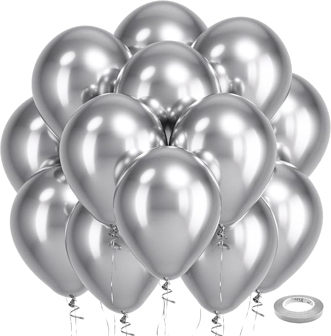 Bezente Silver Metallic Chrome Latex Round Helium Balloons 100 Pack 12 inch | by Bezente