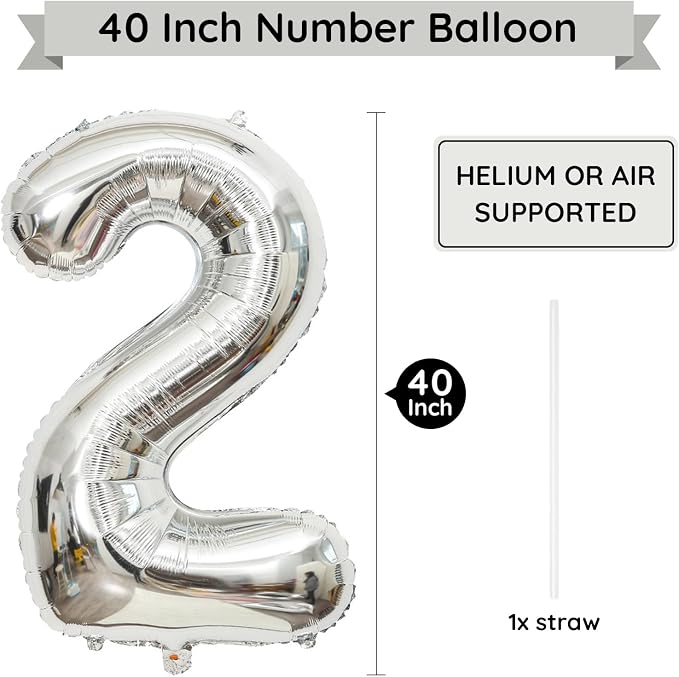 Silver Number 2 Balloon, 40 Inch Large Number Foil Mylar Balloons - Image 2