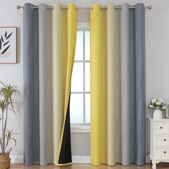 Grey and Yellow Blackout Curtains 84 Inch Length 2 Panels Set, Thermal - Image 2