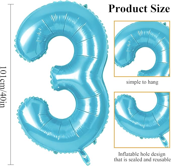 Number 3 Balloons for 3th Birthday Party Decorations, 0-100 Large No.3 Balloons - Image 2