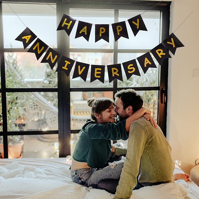Happy Anniversary Banner Black Banner, Hanging Sign Garland - Image 3