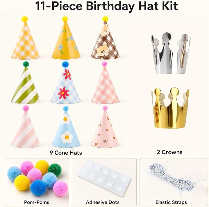 Olen Party Hats for Kids Birthday, 11 Pack Birthday Hats - Image 2