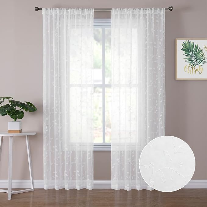 Tollpiz Leaves Sheer Curtains White Leaf Embroidery Living Room Curtain Rod by Tollpiz