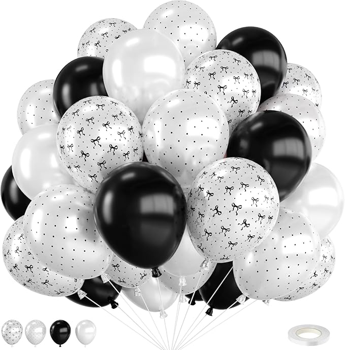 Black and White Bow Balloons, 12 Inch Pearl White Black Bow Printed Balloon by FEYG