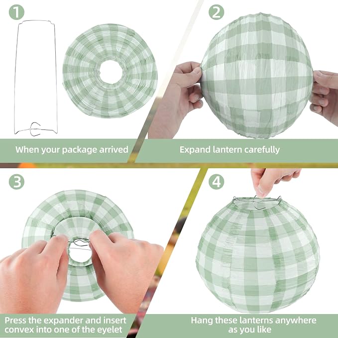6 Pieces Sage Green Gingham Paper Lanterns Decorations - Image 4