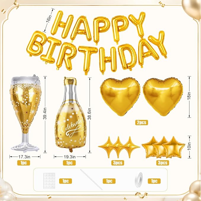 Gold Happy Birthday Balloons Banner, Star Heart Balloons, Champagne Bottle - Image 2