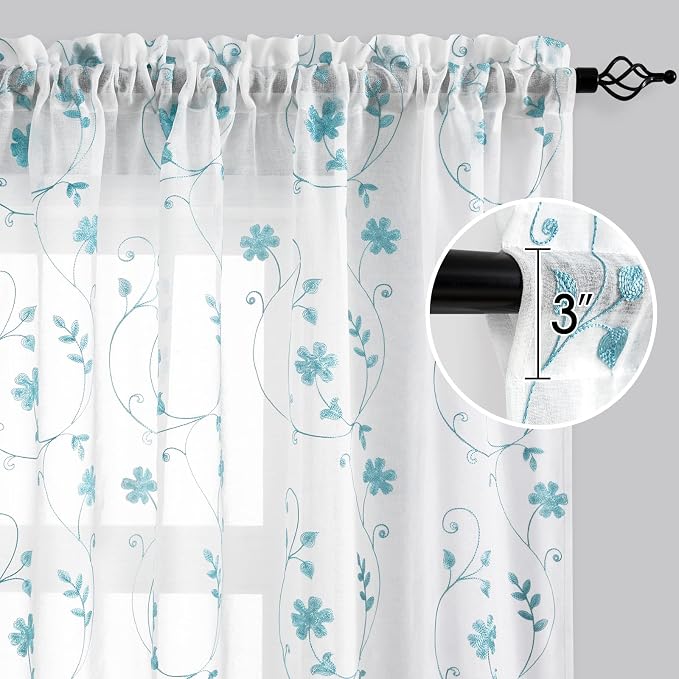 HOMEIDEAS White and Blue Embroidered Floral Sheer Curtains 96 Inches Long 2 - Image 6