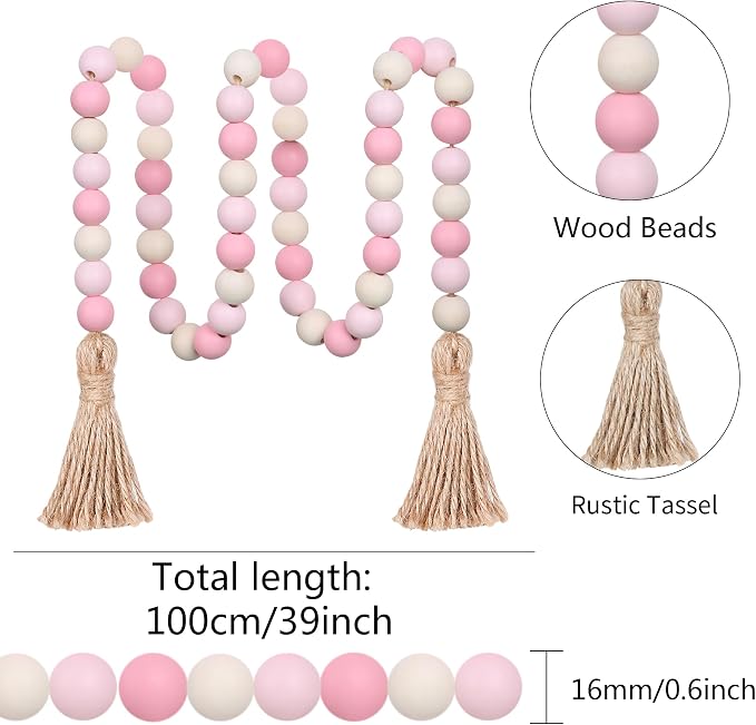 Meplait Wood Bead Garland, 39in Decorative Tassels Garland, Rustic Farmhouse - Image 6