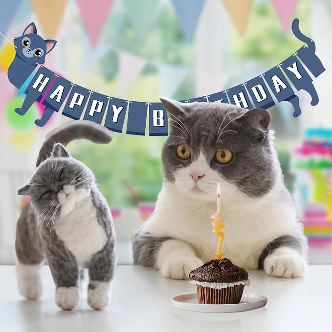 Cat Happy Birthday Banner Blue Cat Banner Bunting Flag Garland Birthday Party - Image 2