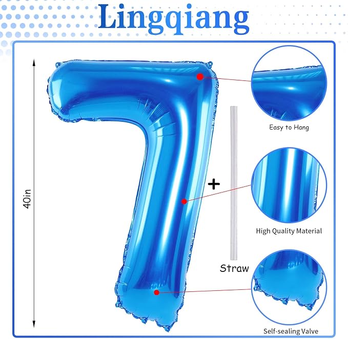 40" Blue Number 7 Balloon for Boys, Large Self Inflating Foil Number Balloons - Image 2