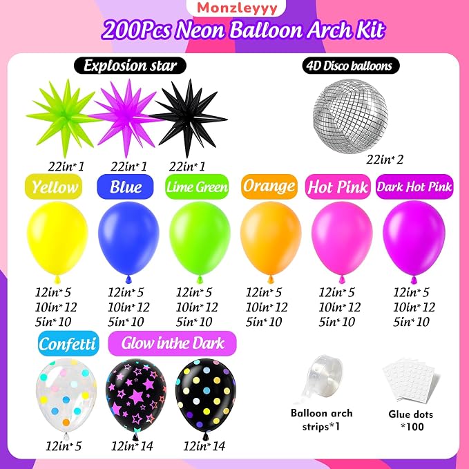200Pcs Neon Balloons Garland Arch Kit - Image 2