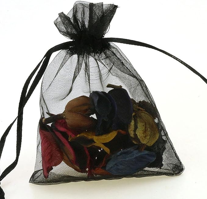 Wudygirl 100pcs Drawstring Organza Bags 5 x 7 Inch Black Transparent Jewelry Lipstick Pouches Baby Shower Party Wedding Holidays Favor Seashell Candy Favor Bags(Black 5x7'')