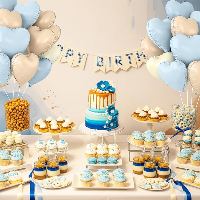 TONIFUL 30 Pcs 18 Inch Blue Cream White Caramel Heart Shape Foil Balloons | - Image 6