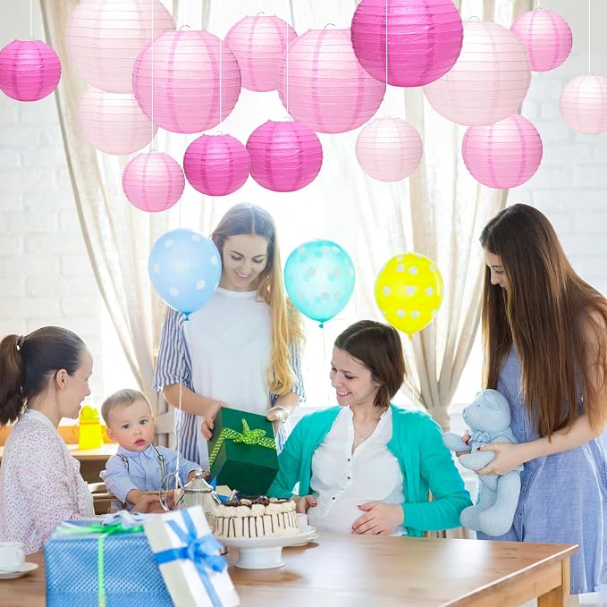 21Pcs Pink Paper Lanterns, 4-10in Hanging Decor, Valentine's Day Party | Pink - Image 4